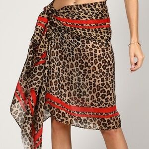 Women's Leopard Scarf Wrap with Red Stripe Cover Up One Size